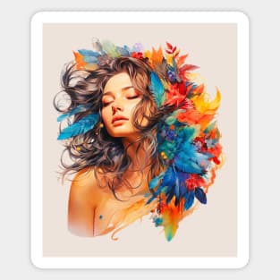 Boho Chic Goddess, Enchanting Feather Headdress Woman (Vibrant) Magnet